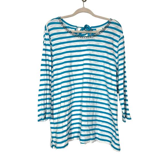 NEW Chicos 4 XXL (20) 3/4 Sleeve Turquoise White Stripe Beaded Boatneck Blouse - Picture 1 of 5